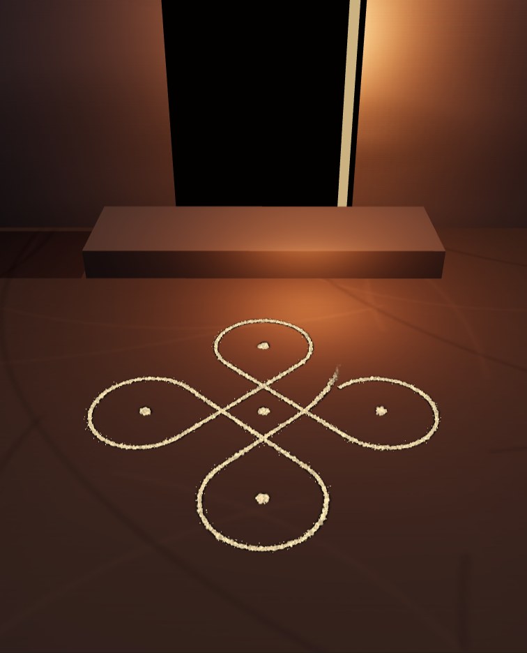 A swept-earth threshold at dawn: a worn stone step, a lime-washed wall, a dark doorway with one warm edge of lamplight, and a five-dot kolam written on the ground in rice flour.